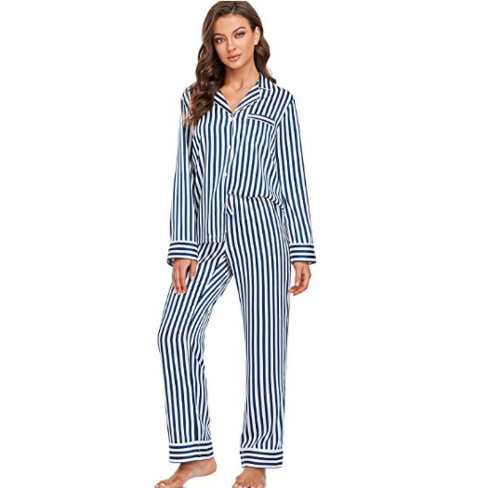 Women's Satin Pajama Set Long Sleeve Button Blue Stripped